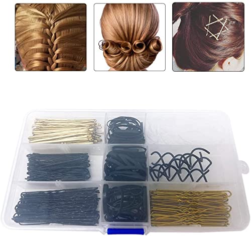 100 Pcs Horquillas para el Pelo Negras y Doradas, 100 Pcs Clips con Forma de U y Gomas Pequeñas para el Pelo con Caja de Almacenaje,2 Estilos de Horquillas para Mujeres y Chicas, Para Bodas