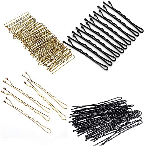 100 Pcs Horquillas para el Pelo Negras y Doradas, 100 Pcs Clips con Forma de U y Gomas Pequeñas para el Pelo con Caja de Almacenaje,2 Estilos de Horquillas para Mujeres y Chicas, Para Bodas