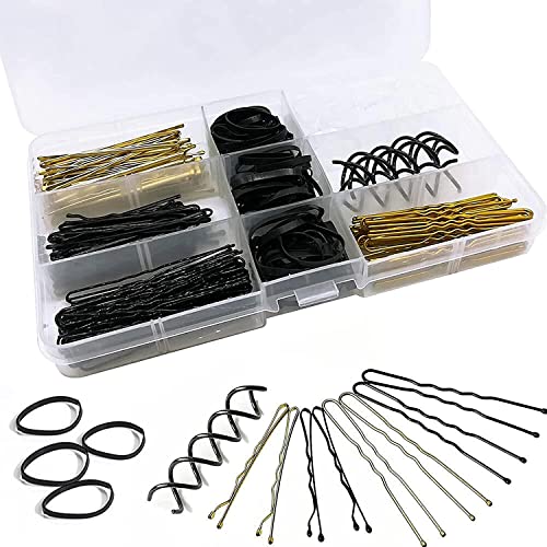 100 Pcs Horquillas para el Pelo Negras y Doradas, 100 Pcs Clips con Forma de U y Gomas Pequeñas para el Pelo con Caja de Almacenaje,2 Estilos de Horquillas para Mujeres y Chicas, Para Bodas