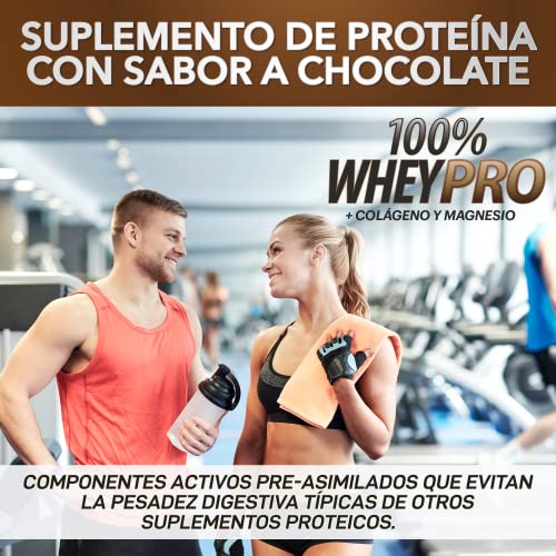100% Whey Protein con Colágeno y Magnesio | 43Gr. de Proteína Pura por toma 0% Azúcares | Aumenta el crecimiento muscular y tonifica los músculos | Protege y lubrica Articulaciones | 1000g (Chocolate)