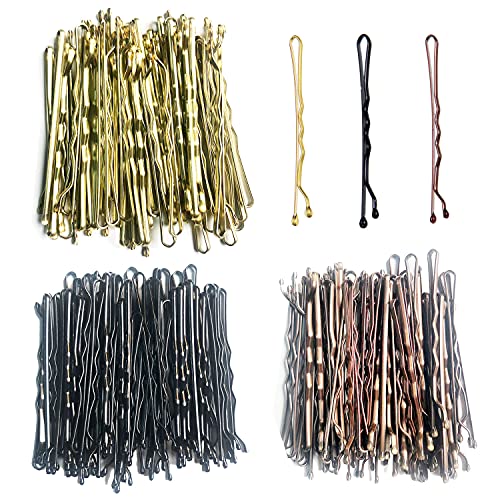 150 Piezas Horquillas de Clips, 5 cm Horquillas Onduladas Bobby Pins, 3 Colores Pinzas de Metal el Pelo con Caja Portátil para Mujeres y Niñas, Dorado, Negra & Marrón