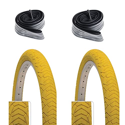 2 Cubiertas BMX Amarillas 20x1.95 + 2 cámaras de 20" válvula AV (Moto) / Set de 2 Cubiertas para Bicicletas BMX + 2 cámaras compatibles con Las Cubiertas de 20" con válvula Gorda