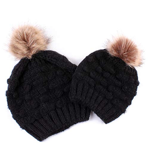 2 Piezas de Sombrero para Padres E Hijos Madre Hijo Hija Hijo Bebé Invierno Cálido Suave Gorro de Punto Gorro de Esquí de Ganchillo Familiar con Pompón