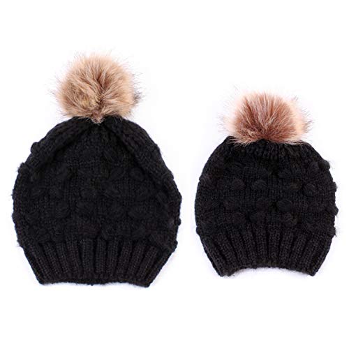 2 Piezas de Sombrero para Padres E Hijos Madre Hijo Hija Hijo Bebé Invierno Cálido Suave Gorro de Punto Gorro de Esquí de Ganchillo Familiar con Pompón