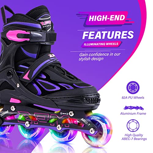 2PM SPORTS Vinal Ajustable Iluminación Patines en línea para Hijo y Adolescentes con luz Completa hasta LED Ruedas, Diversión Flashing Roller Blades para niños y niñas - Violet S(29-32EU)