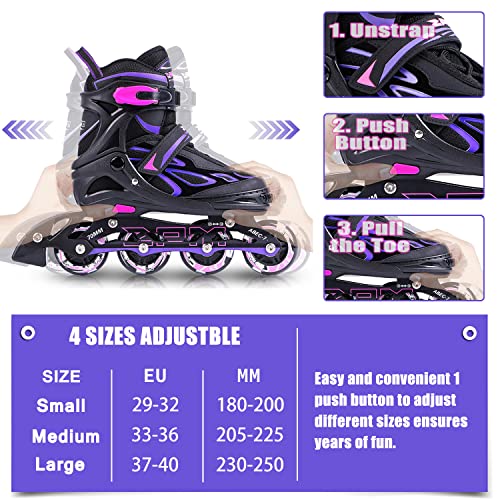 2PM SPORTS Vinal Ajustable Iluminación Patines en línea para Hijo y Adolescentes con luz Completa hasta LED Ruedas, Diversión Flashing Roller Blades para niños y niñas - Violet S(29-32EU)