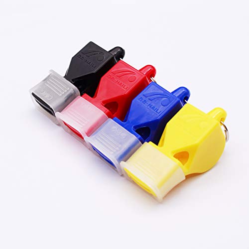 4 Pack Silbato Arbitro Baloncesto Fútbol Plástico Silbato del árbitro Fuerte de árbitro con Protección boca para Deportes, Fiesta, Adiestramiento Canino, Supervivencia (rojo, negro, amarillo, azul)