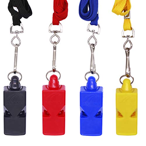 4 Pack Silbato Arbitro Baloncesto Fútbol Plástico Silbato del árbitro Fuerte de árbitro con Protección boca para Deportes, Fiesta, Adiestramiento Canino, Supervivencia (rojo, negro, amarillo, azul)