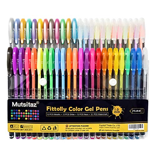 48 Colores Bolígrafos de Gel para colorear adultos - Incluye purpurina, metálico, neón y clásicos - Para scrapbooking, colorear, dibujar y artesanal by Mutsitaz