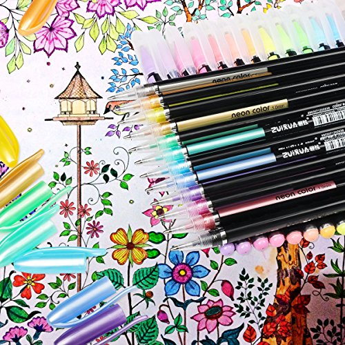 48 Colores Bolígrafos de Gel para colorear adultos - Incluye purpurina, metálico, neón y clásicos - Para scrapbooking, colorear, dibujar y artesanal by Mutsitaz