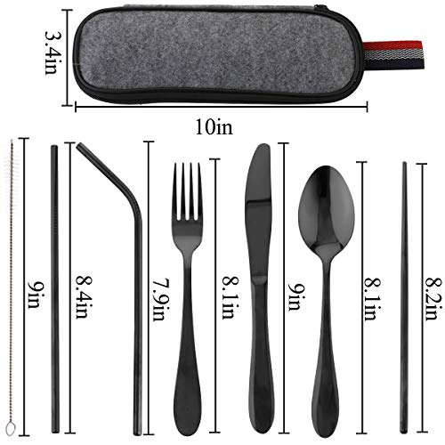 8 Pcs Cubiertos Portátiles, Juego de Cubiertos Acero Inoxidable,Cubertería de Cámping,Cubiertos De Viaje, Incluye Cuchillo, Tenedor, Cuchara, Palillos, Cepillo de Limpieza, Pajitas y Bolsa De Tela