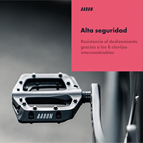 AARON Dirt - Pedales con rodamientos sellados de calidad - Superficie antideslizante plana con pins - Pedales de plataforma para bicis de Dirt Jump, eléctricas, de montaña y trekking - Plástico - Gris