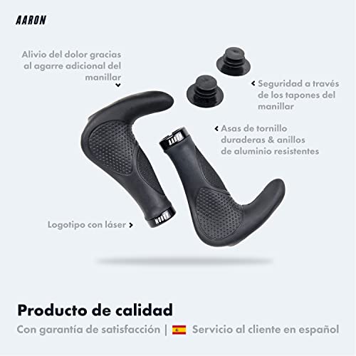 AARON Horn - Puños de Gel con acoples y amortiguación - Diseño ergonómico Antideslizante - para bicis utilitarias, eléctricas, de Trekking y de montaña - Negro