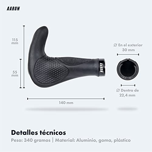 AARON Horn - Puños de Gel con acoples y amortiguación - Diseño ergonómico Antideslizante - para bicis utilitarias, eléctricas, de Trekking y de montaña - Negro