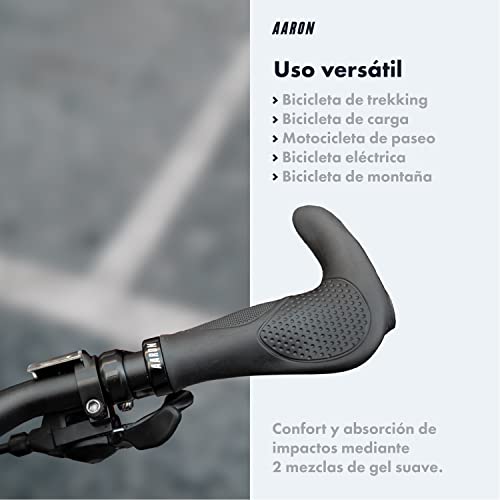 AARON Horn - Puños de Gel con acoples y amortiguación - Diseño ergonómico Antideslizante - para bicis utilitarias, eléctricas, de Trekking y de montaña - Negro