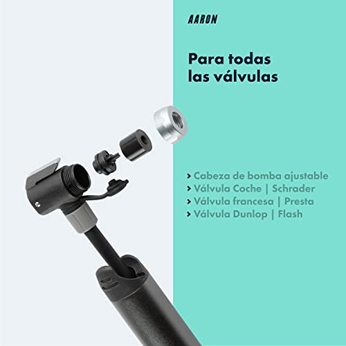 AARON Pocket One Mini bomba de bicicleta para todas las válvulas, compacta, apta para cualquier marco, bomba de mano para viajes con kit de pinchazos, en negro/gris