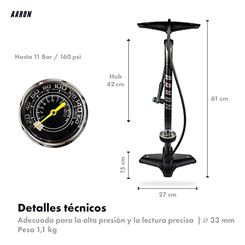 AARON Sport One - Bomba de pie Universal para Bicicletas - con indicador de presión y Adaptador para balones - para bicis eléctricas, de montaña y de Carretera - Gris