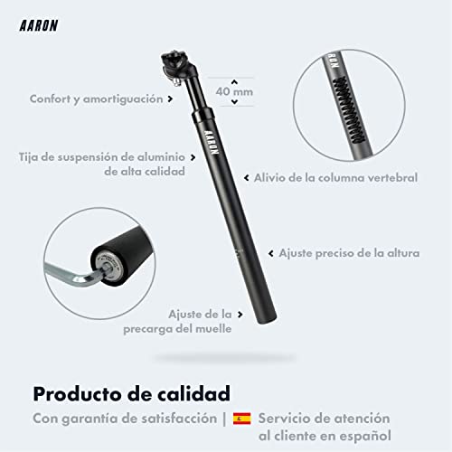 AARON Spring - Tija de sillín con suspensión - Amortiguación para bicis eléctricas, de montaña, de Trekking y de Ciudad - 350 mm de Longitud - Aluminio - Negro - 27,2 mm de diámetro