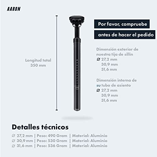 AARON Spring - Tija de sillín con suspensión - Amortiguación para bicis eléctricas, de montaña, de Trekking y de Ciudad - 350 mm de Longitud - Aluminio - Negro - 31,6 mm de diámetro