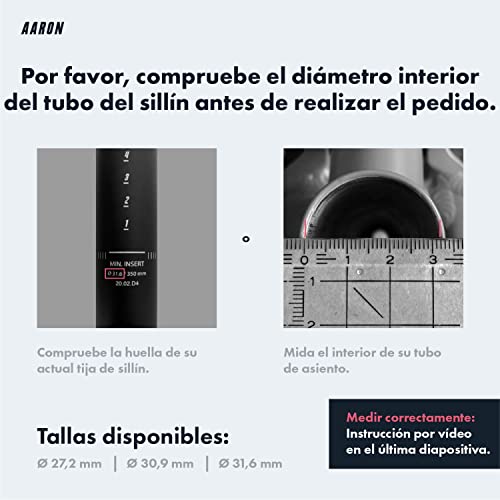 AARON Tija de sillín Spring con suspensión de 30,6 o 31,6 mm de diámetro, Aluminio con Muelle de 350 mm de Longitud, para Bicicleta eléctrica, MTB, Trekking Citybike etc. Negro