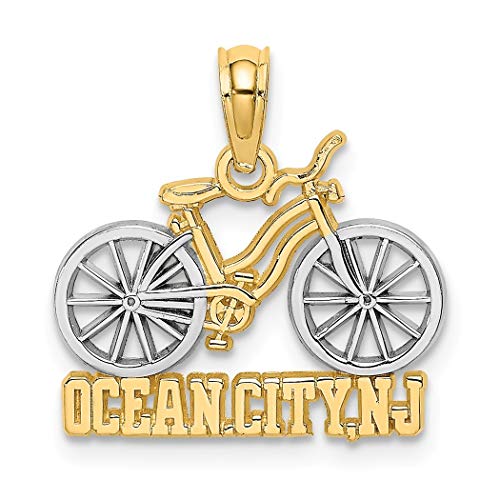 Abalorio de bicicleta de 14 quilates, dos tonos, color dorado, con diseño de ciudad del océano y neumáticos blancos