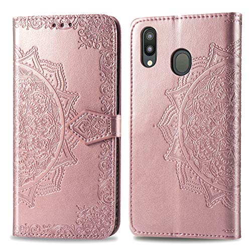 Abuenora Funda para Samsung Galaxy M20, Carcasa Libro con Tapa Flip Case Antigolpes Golpes Cartera PU Cuero Suave Soporte con Correa Cordel - Mandala Oro Rosa