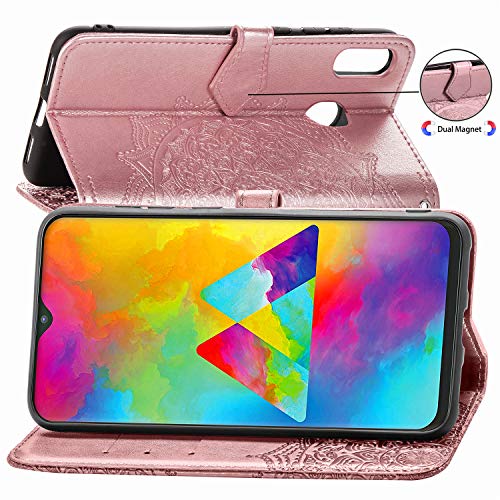 Abuenora Funda para Samsung Galaxy M20, Carcasa Libro con Tapa Flip Case Antigolpes Golpes Cartera PU Cuero Suave Soporte con Correa Cordel - Mandala Oro Rosa