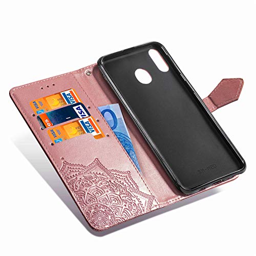 Abuenora Funda para Samsung Galaxy M20, Carcasa Libro con Tapa Flip Case Antigolpes Golpes Cartera PU Cuero Suave Soporte con Correa Cordel - Mandala Oro Rosa