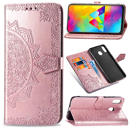 Abuenora Funda para Samsung Galaxy M20, Carcasa Libro con Tapa Flip Case Antigolpes Golpes Cartera PU Cuero Suave Soporte con Correa Cordel - Mandala Oro Rosa