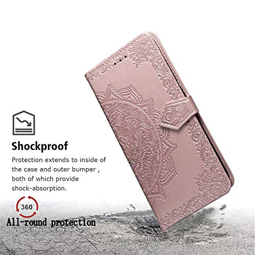 Abuenora Funda para Samsung Galaxy M20, Carcasa Libro con Tapa Flip Case Antigolpes Golpes Cartera PU Cuero Suave Soporte con Correa Cordel - Mandala Oro Rosa