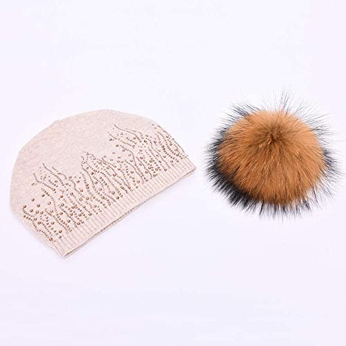 Accesorios de Invierno Sombrero de Invierno Boina Caliente Beanie Invierno Mujer Gorro Gorro de Punto con Mapache Pom Pom Mujeres Sombrero cálido (Color : White-M, tamaño : 6 7/8-7 1/8)