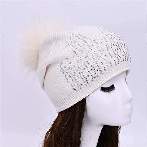 Accesorios de Invierno Sombrero de Invierno Boina Caliente Beanie Invierno Mujer Gorro Gorro de Punto con Mapache Pom Pom Mujeres Sombrero cálido (Color : White-M, tamaño : 6 7/8-7 1/8)