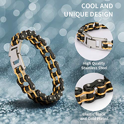 Aceshop Pulsera para Hombre, Brazalete de Acero Inoxidable Cadena Bici Hombre Brazalete Forma Cadena Pulsera de Cadena de Motocicleta para Hombres y Niños (Negro y Dorado) (Dorado y Negro)