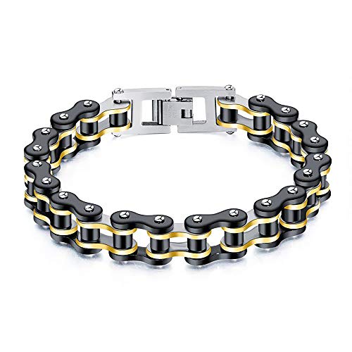 Aceshop Pulsera para Hombre, Brazalete de Acero Inoxidable Cadena Bici Hombre Brazalete Forma Cadena Pulsera de Cadena de Motocicleta para Hombres y Niños (Negro y Dorado) (Dorado y Negro)