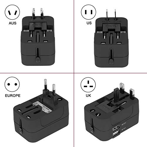 Adaptador Enchufe De Viaje Universal Enchufe Adaptador Internacional Con Dos Puertos USB Para Japón China Canadá USA EU UK AU Acerca De 150 Países Para Navidad (Negro)