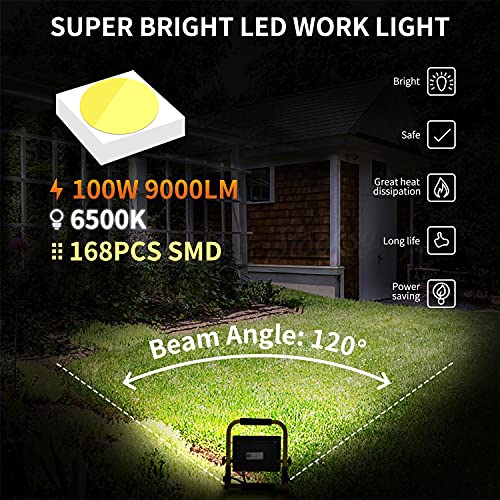 Aigostar Foco de Trabajo LED 100W,9000LM,Foco LED Portátil con Giratorio 360º,Impermeable,Soporte plegable,para Uso en Interiores y Exteriores,para Obra, Taller, Garaje,6500K Luz Blanca