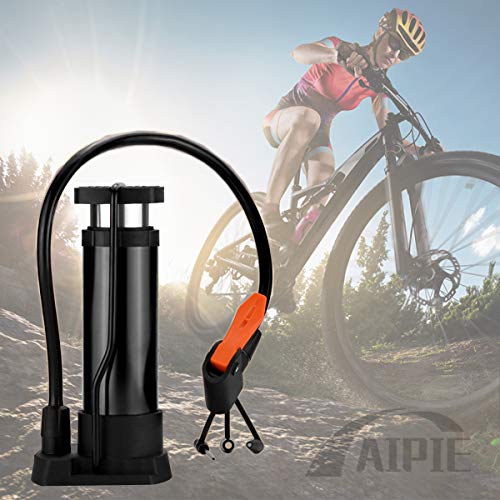 AIPIE Bomba de Bicicleta con 5 Válvulas 2 Correas Mini Bomba de Piso Bomba de Aire Neumáticos Presta Schrader con Aguja de Baloncesto Inflado para Globos de Juguete Bomba de Mano/Pie (Negro)