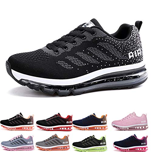 Air Zapatillas de Running para Hombre Mujer Zapatos para Correr y Asfalto Aire Libre y Deportes Calzado Unisexo Black White 38