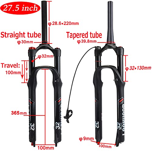 Ajuste de Rebote de Horquilla de Bicicleta de Monta?a de aleación de magnesio de 26/27.5/29 Pulgadas, Recorrido de 100 mm, Eje de 9 mm, Freno de Disco, Negro Mate (Tubo cónico - Bloqueo Remoto, 26)