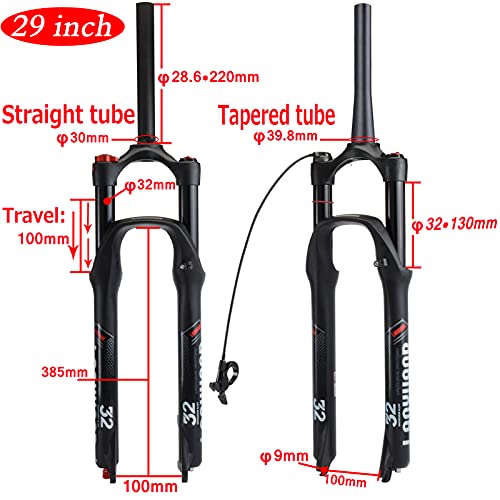 Ajuste de Rebote de Horquilla de Bicicleta de Monta?a de aleación de magnesio de 26/27.5/29 Pulgadas, Recorrido de 100 mm, Eje de 9 mm, Freno de Disco, Negro Mate (Tubo cónico - Bloqueo Remoto, 26)