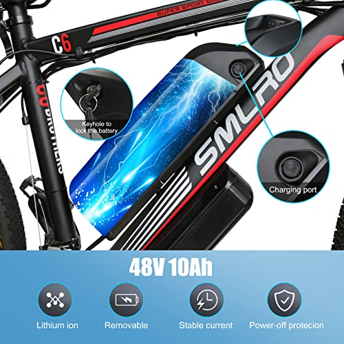 AKEZ Bicicleta eléctrica de 26 pulgadas para adultos, bicicleta de montaña eléctrica híbrida para hombres, bicicleta eléctrica todoterreno, 48 V/10 Ah 250 W, batería de litio extraíble,negro y rojo