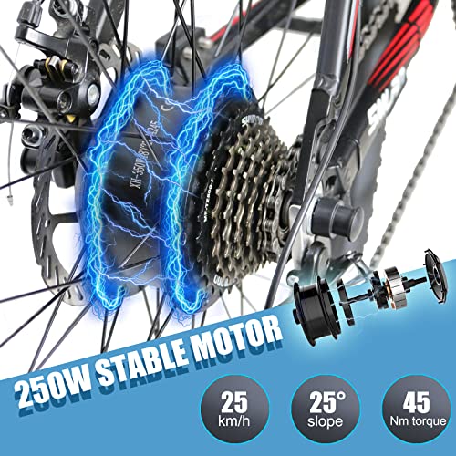 AKEZ Bicicleta eléctrica de 26 pulgadas para adultos, bicicleta de montaña eléctrica híbrida para hombres, bicicleta eléctrica todoterreno, 48 V/10 Ah 250 W, batería de litio extraíble,negro y rojo