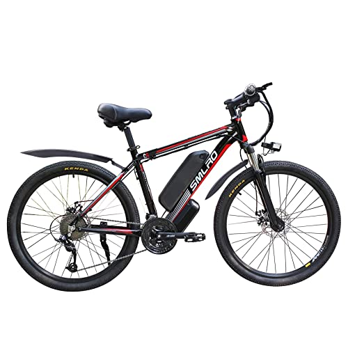 AKEZ Bicicleta eléctrica de 26 pulgadas para adultos, bicicleta de montaña eléctrica híbrida para hombres, bicicleta eléctrica todoterreno, 48 V/10 Ah 250 W, batería de litio extraíble,negro y rojo