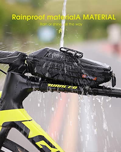 AKOINESE Bolsa impermeable para cuadro de bicicleta, soporte para teléfono para bicicleta de montaña, funda rígida para teléfono móvil para bicicleta de hasta 6,5", capacidad de 1,8L bolsa de ciclismo