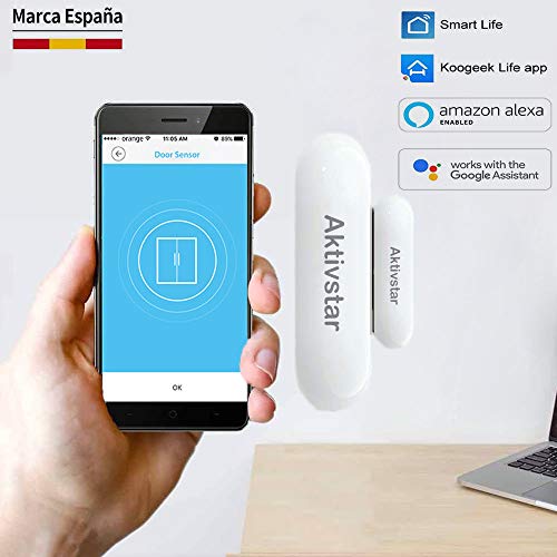 Aktivstar Alarma para Puerta Inteligente, Sensor Magnético Antirrobo de Control por APP y Conexión WiFI, Detector para Puertas y Ventanas Caja Cajón Compatible con Alexa Google Home