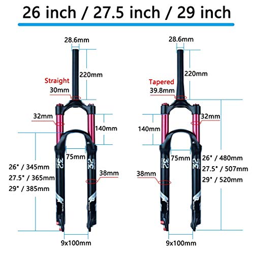 ALBN 140 mm Travel MTB Air Horquilla Suspensión Delantera 26/27.5/29 Pulgadas, Aleación 1-1/8"9 mm para Freno de Disco de Bicicleta de montaña Negro