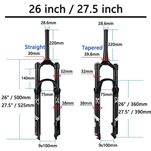 ALBN Horquilla de suspensión de Viaje para Bicicleta de montaña de 140 mm MTB 26/27.5/29 Pulgadas, Horquillas neumáticas de aleación Ligera de 1-1/8 Pulgadas de 9 mm