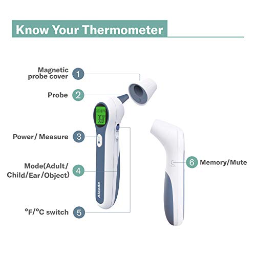 Alcedo Termómetro de frente y oído para adultos, niños y bebés | Termómetro infrarrojo digital para la fiebre | Sin contacto, lectura instantánea, grado médico | Bolsa y pilas incluidas