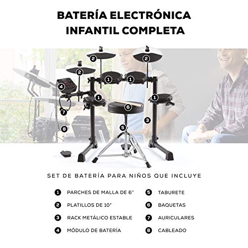 Alesis Debut Kit - Batería electrónica infantil con 4 parches de malla, 120 sonidos, 60 lecciones, taburete, baquetas, llave de batería y auriculares