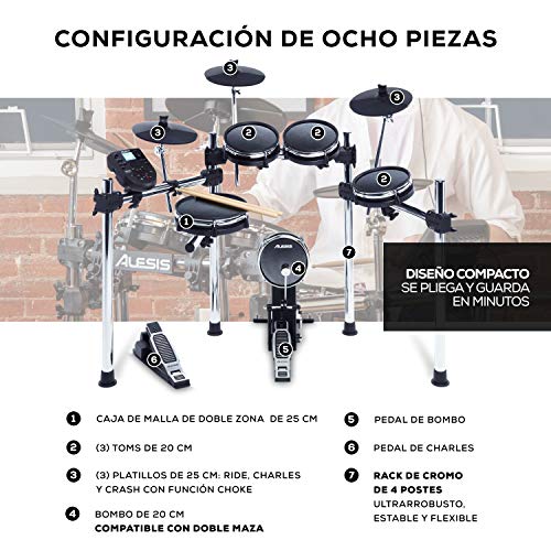 Alesis Surge Mesh Kit - Batería Electrónica de 8 Piezas con Cabezales de Malla, Rack de Cromo y Módulo musical de Batería de 40 Kits, 385 Sonidos, 60 Pistas Play Along y Conectividad USB/MIDI